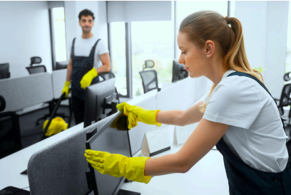 Dokładne wycieranie kurzy z biurek i sprzętu elektronicznego w biurze – serwis Clean INN